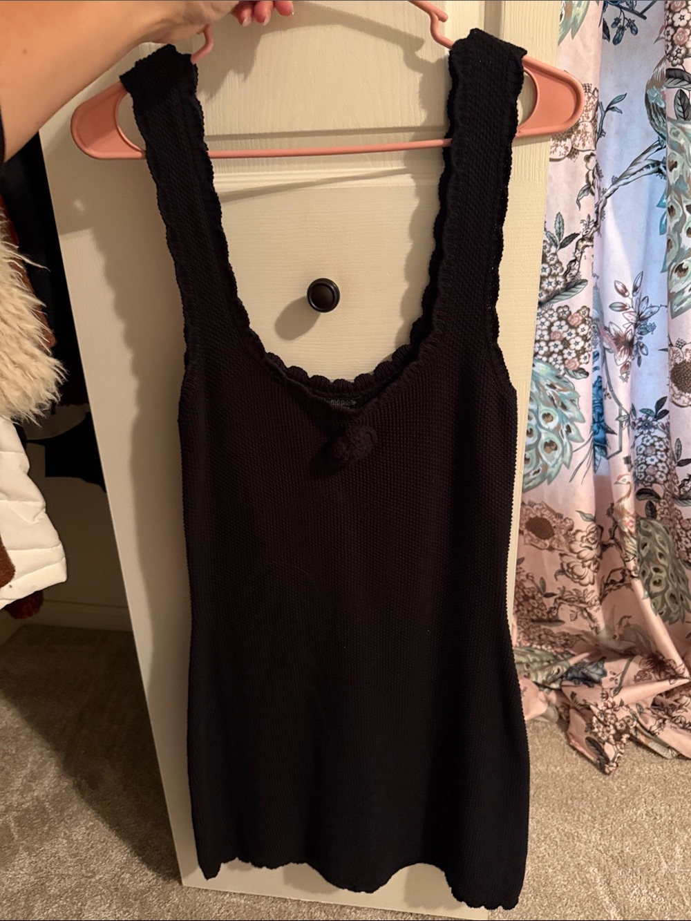 Black Scalloped Knit Tank with Pom Detail